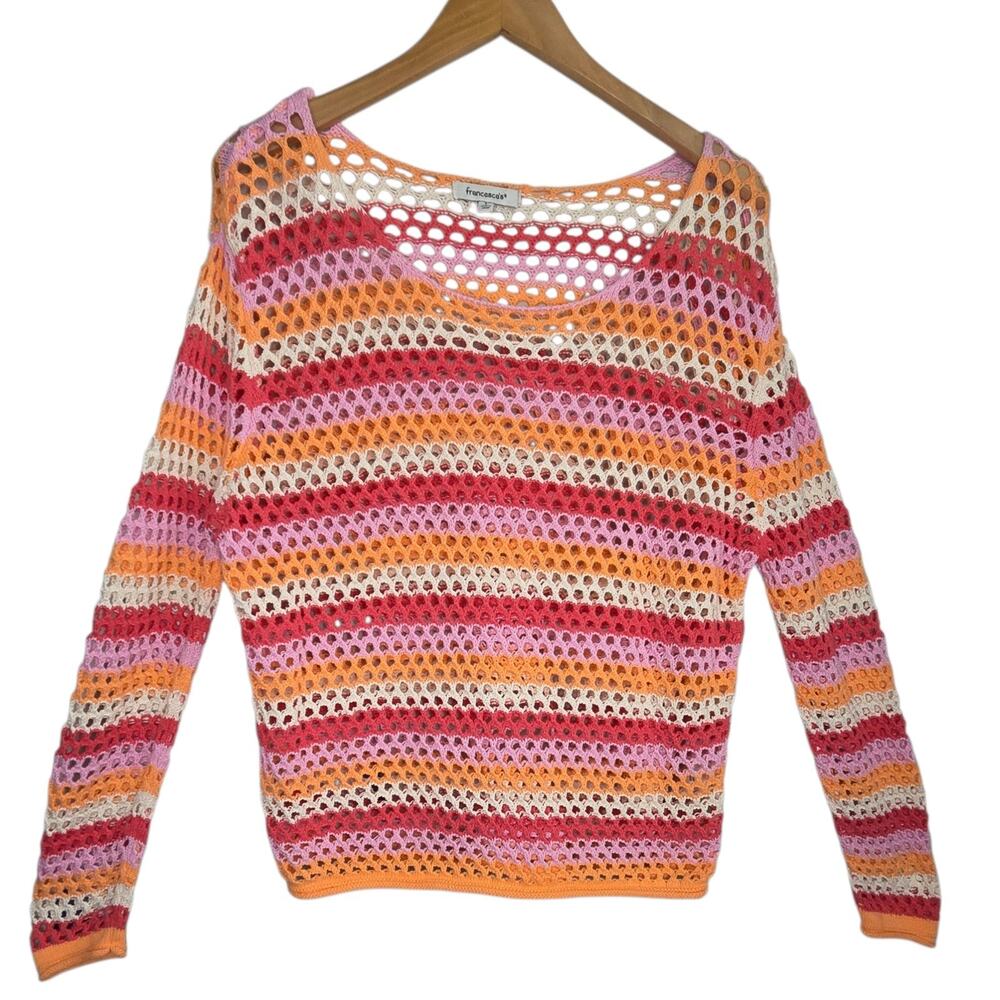 Francesca's Multi-Color Striped Cotton Open Knit Airy Sweater SZ L Beach Resort